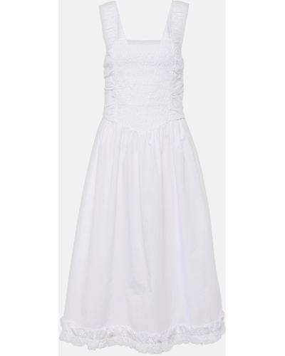 Ganni Shirred Cotton Poplin Midi Dress - White