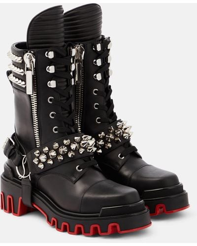 Christian Louboutin Janetta Red Sole Spike Leather Biker Boots - Black