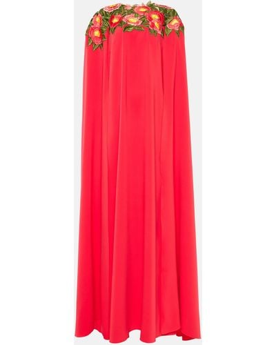Oscar de la Renta Camellia Caped Floral Georgette Gown - Red