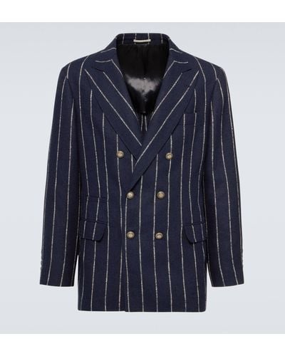 Brunello Cucinelli Chalk Stripe Linen, Wool, And Silk-blend Blazer - Blue