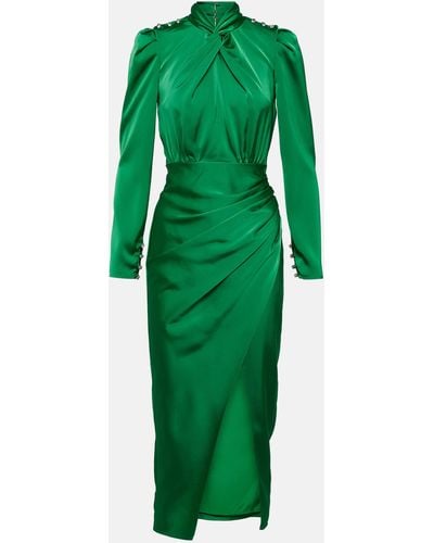 Self-Portrait Draped Satin Midi Dress - Green