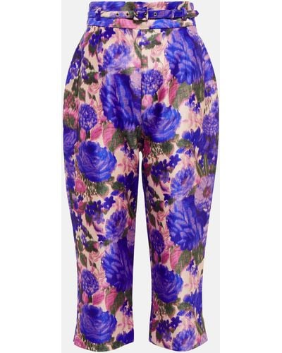 Zimmermann Belted Copped Floral-print Silk-satin Tapered Pants - Blue