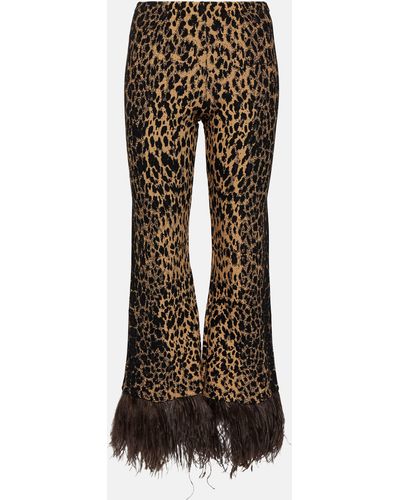 Valentino Feather-trimmed Leopard-print Flared Pants - Brown