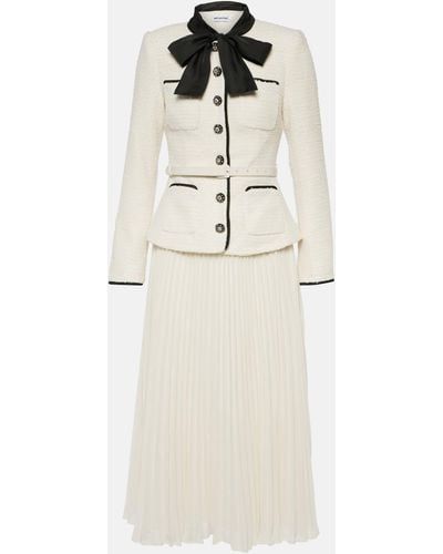Self-Portrait Belted Crystal-embellished Bouclé And Pleated Crepe Midi Dress - White