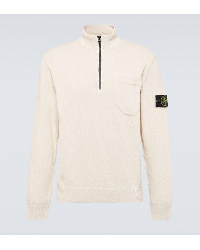 Stone Island Compass Cotton And Linen Half-zip Sweater - Natural
