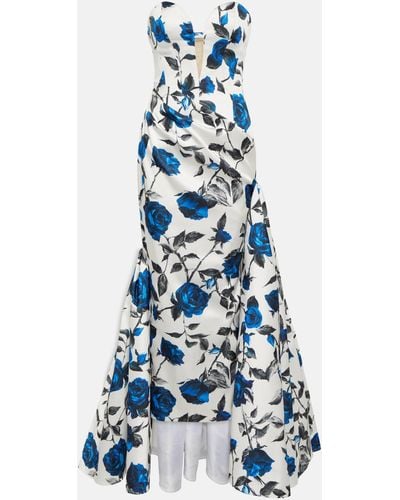 Rasario Draped Floral Satin Gown - Blue