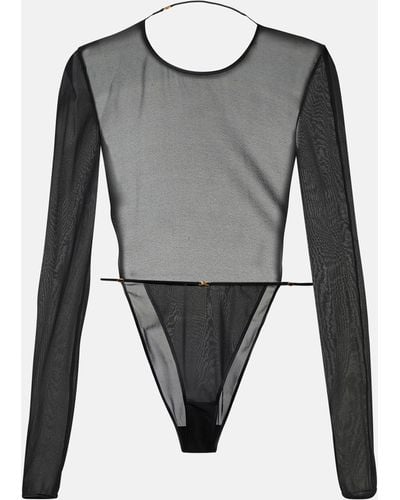 Saint Laurent Open-back Silk-blend Georgette Bodysuit - Grey