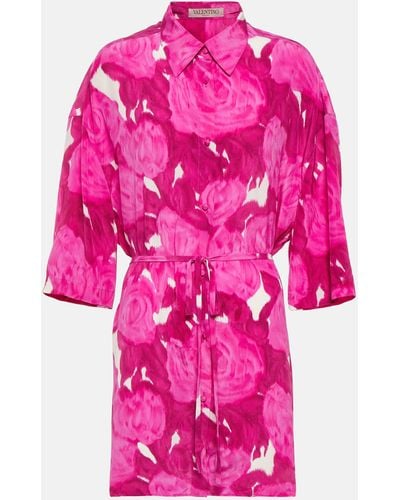 Valentino Belted Floral Silk Shirt Dress - Pink
