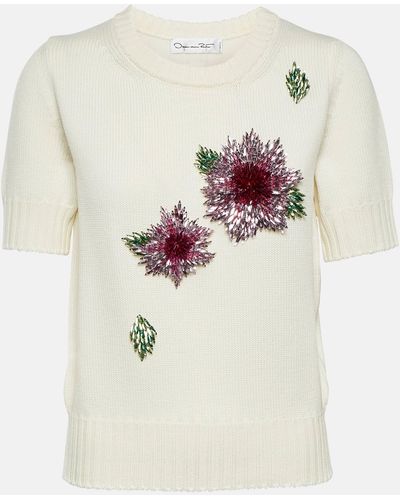 Oscar de la Renta Floral-applique Wool T-shirt - White
