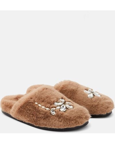 Simone Rocha Embellished Faux Fur Slippers - Brown