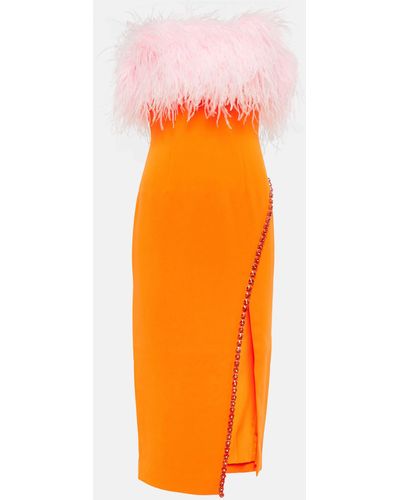 Self-Portrait Feather-trimmed Crepe Midi Dress - Orange