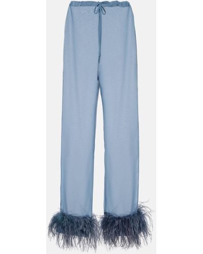 Oséree Plumage Feather-trimmed Wide-leg Pants - Blue