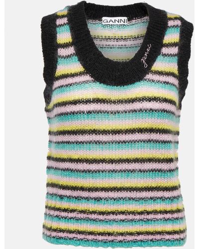 Ganni Sleeveless Wool And Mohair-striped Sweater - Black
