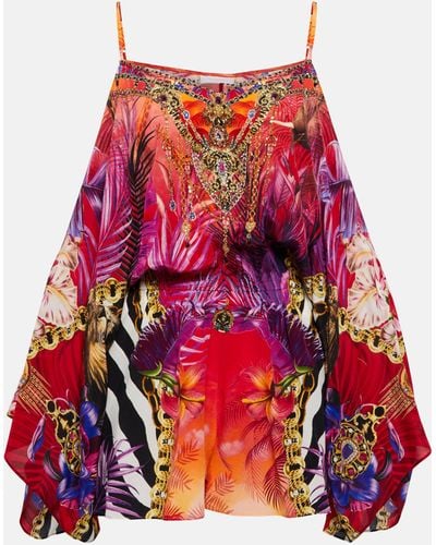 Camilla Printed Embellished Silk Playsuit - Red