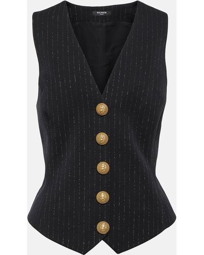 Balmain Chalkstripe Wool Vest - Black