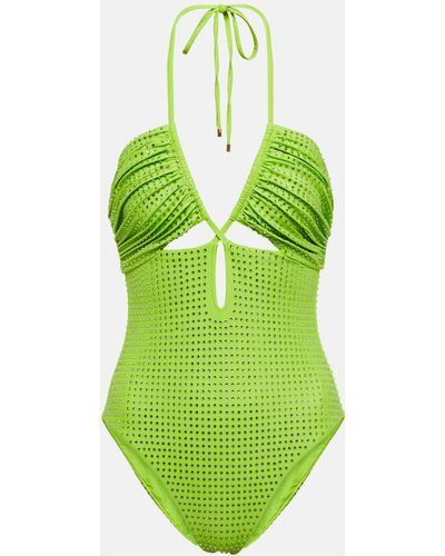 Self-Portrait Embellished Cut-out Swimsuit - Green