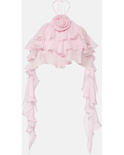 Blumarine Ruffled Halterneck Silk Chiffon Top - Pink