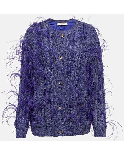 Valentino Feather-trimmed Cable-knit Cardigan - Blue
