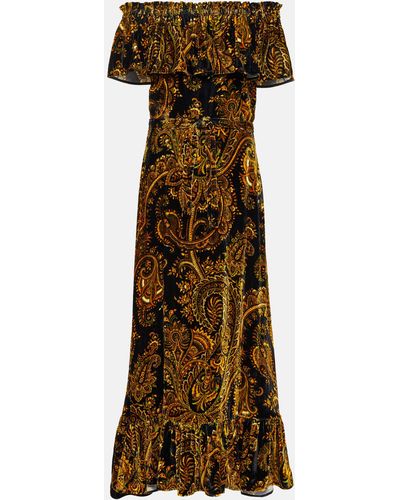 Etro Off-the-shoulder Belted Paisley-print Velvet Maxi Dress - Brown