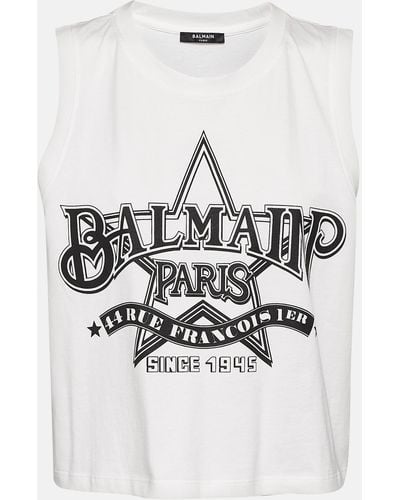 Balmain Logo Cotton Jersey Crop Top - White