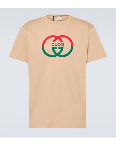 Gucci Logo-print Ribbed-trim Cotton-jersey T-shirt - Natural