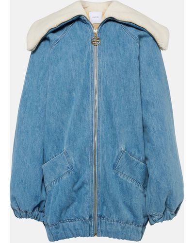 Patou Denim And Faux Shearling Bomber Jacket - Blue
