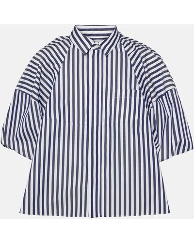 Sacai Striped Cropped Cotton-blend Shirt - Blue
