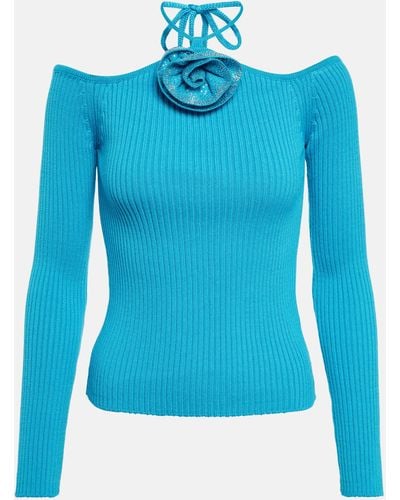 GIUSEPPE DI MORABITO Embellished Ribbed-knit Top - Blue