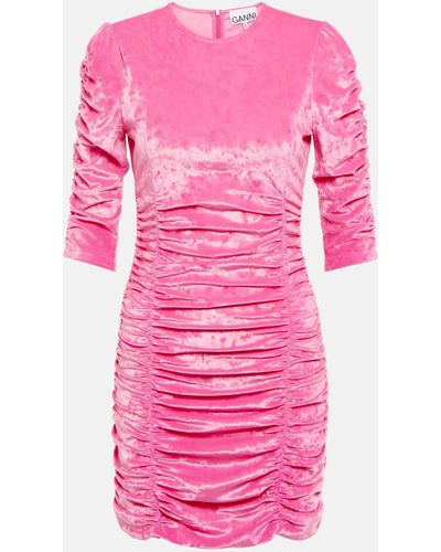 Ganni Ruched Velvet Minidress - Pink