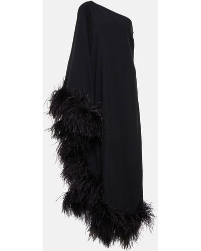 ‎Taller Marmo Ubud One-shoulder Feather-trimmed Midi Dress - Black
