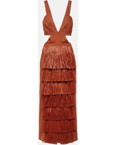 Johanna Ortiz Fringed Cutout Linen Midi Dress - Red