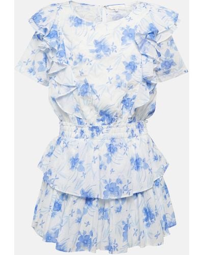 LoveShackFancy Natasha Tiered Floral-print Cotton Swiss-dot Mini Dress - Blue