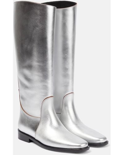 Khaite Wooster Metallic Leather Riding Boots - White