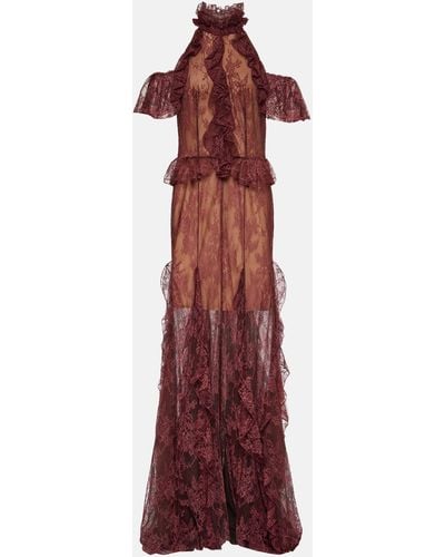 Costarellos Morgana Ruffled Lace Maxi Gown - Red