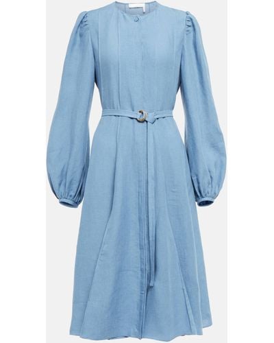 Chloé Belted Linen Midi Dress - Blue