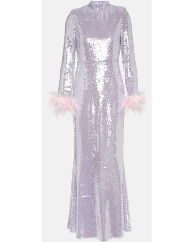 Self-Portrait Feather-trimmed Sequined Gown - Purple
