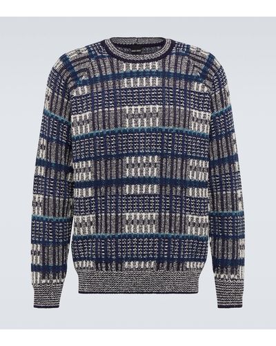 Giorgio Armani Checked Cotton-blend Sweater - Blue