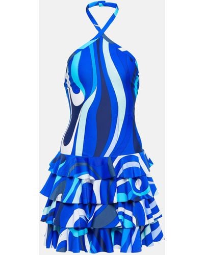 Emilio Pucci Printed Halterneck Jersey Minidress - Blue