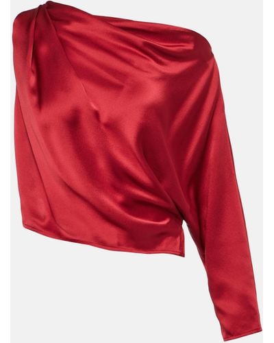 The Sei Draped One-shoulder Silk Satin Top - Red