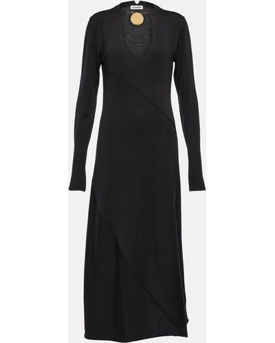 Jil Sander V-neck Virgin Wool Midi Dress - Black