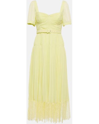 Self-Portrait Midi Dress In Pleated Chiffon - Yellow