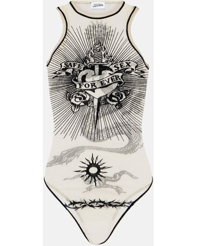 Jean Paul Gaultier Tattoo Collection Velvet-trimmed Bodysuit - White