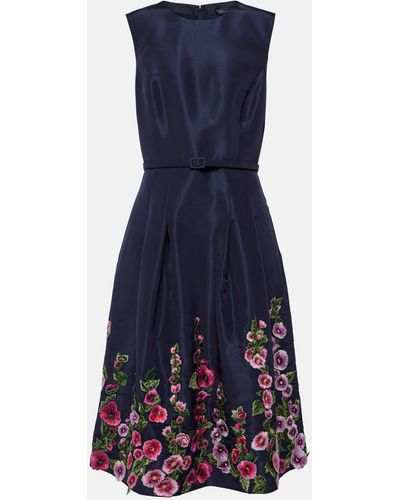 Oscar de la Renta Hollyhock Embroidered Silk Midi Dress - Blue