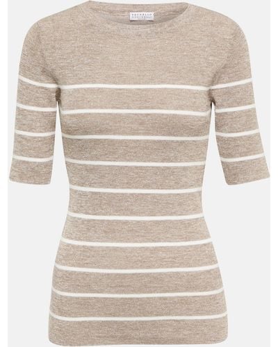 Brunello Cucinelli Striped Linen-blend T-shirt - Natural