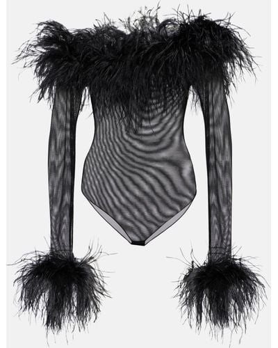Oséree Feather-trimmed Mesh Bodysuit - Black