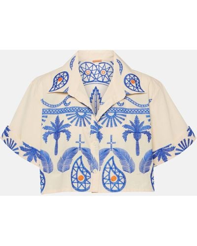 Johanna Ortiz Embroidered Cropped Cotton Shirt - Blue