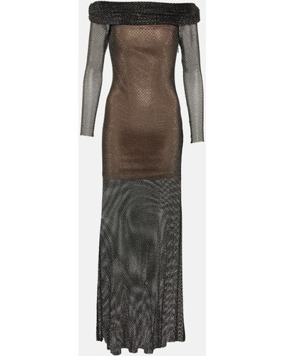 Self-Portrait Rhinestone-Embellished Macramé Maxi Dress - Brown