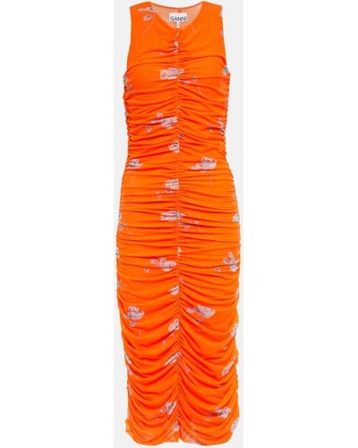 Ganni Rose-print Ruched Mesh Dress - Orange