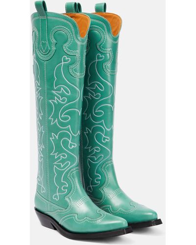 Ganni Knee High Embroidered Western Boot - Green