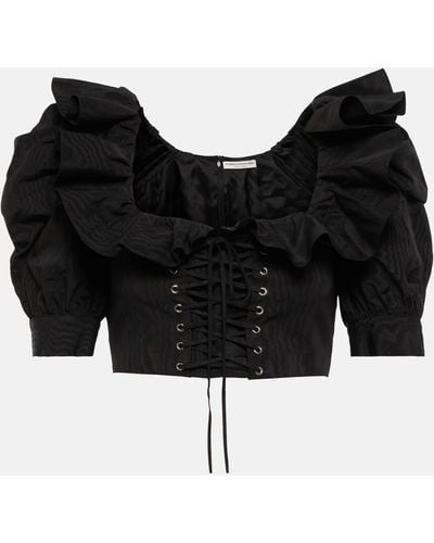Alessandra Rich Lace-up Ruffle-trimmed Cropped Top - Black